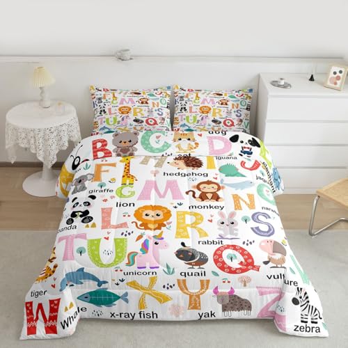 Image of Feelyou ABC Alphabet Comforter Queen Size for Boys Girls, Cartoon Animal Comforter Set Cute Educational Learning Tool Bedding Set Learning Educational Duvet Set Microfiber Bed Set