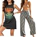 Women Sunset Coconut Trees Graphic Tank Dress and Boho Palazzo Wide Leg Pants with Pockets