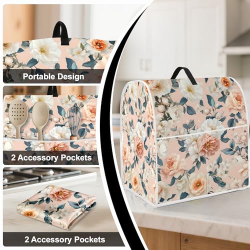 Image of Kitchen Dust Cover Compatible with 4.5 5 6 8 quart Stand Mixer, Kitchen Appliance Protective Covers with Top Handle and Pocket (Cream Peach Floral Garden, For All 6-8 qt Mixer)