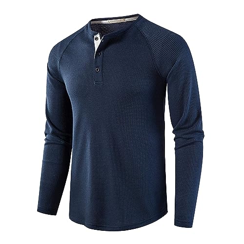 JEShifangjiusu Men's Casual Crew Neck Long Sleeve Blouse Lightweight Waffle Henley Thermal Underwear Slim 3 Button T Shirts (Large,Dark Blue)