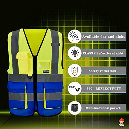 Image of yellow blue construction vest | Yellow /Blue XL safety vest with 7 pockets, reinforced pockets and front zipper for equipment teams and mechanical work.