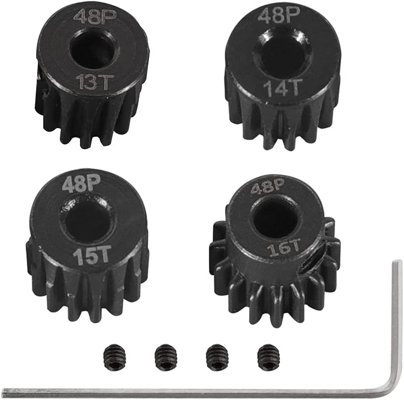 48P Pinion Gear Set Hardened,48P Pinion Gear Set 3.175mm Shaft Hole 13T 14T 15T 16T,Pinion Gear with Screw Driver,48 Pitch Motor Gears Kit for RC Car (4-Pack)