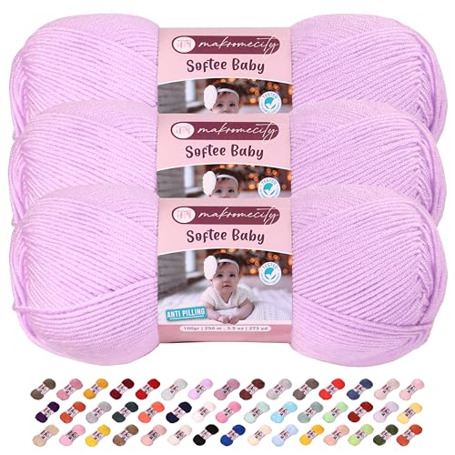 Image of 3 Skeins of Makromecity Softee Baby Yarn,%100 Premium Anti-Pilling Acrylic, 3.5 Oz, 273 yd (100gr /250 mt) Each, Soft Yarn for Crocheting and Knitting (Lavender, 3 Skeins)