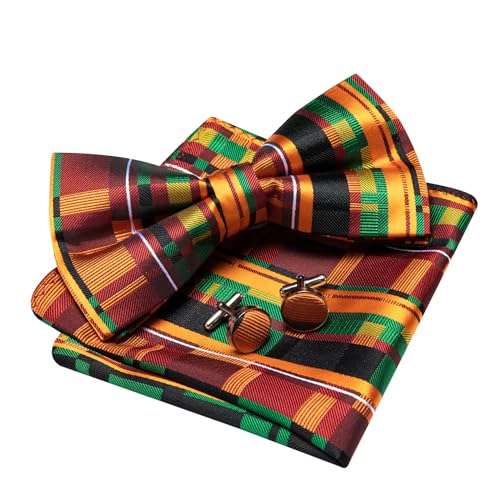 Image of Barry.Wang Paisley Striped Bow Tie for Men Silk Pre-Tied Bowtie Pocket Square Cufflinks Set Formal Wedding Party Prom
