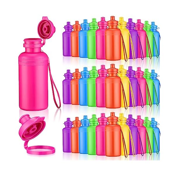 Bokon 60 Pcs 18 oz Bulk Water Bottles for Kids Reusable Water Bottles Sports Plastic Water Bottle with Strap Squeeze Neon Water Bottles for Kids Bike Team Students Summer School Classroom Gift