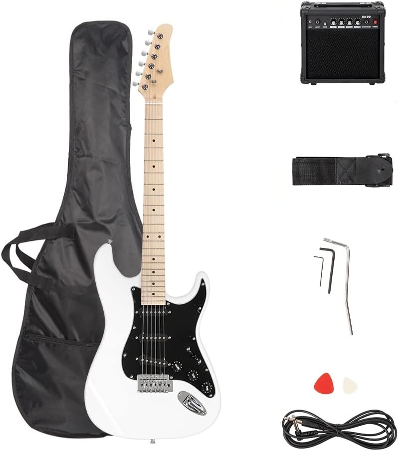 LALAHO Electric Guitar with 20Watt Amp, Full Size 39 Inch Beginner SSS Pickups Electric Guitars Kit W/Accessories Strap, Gig Bag for Kids & Adults (White)
