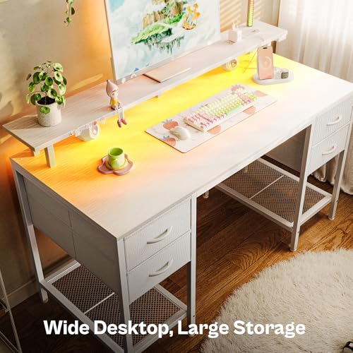 Image of Huuger 47 inch Computer Desk with 4 Drawers, Gaming Desk with LED Lights & Power Outlets, Home Office Desk with Large Storage Space for Bedroom, Work from Home, White