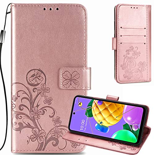Women Thread Wallet Case fit for LG K52,Four Leaf Clover Embossed Leather flip Phone Case with Detachable Wrist Strap & Stand Base Magnetic Closure Bumper Drop Shockproof Cover for K52 Rose Gold-SYC
