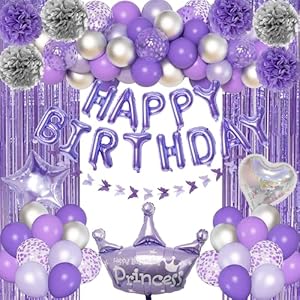Ouddy Life Purple Birthday Decorations for Women Girls, Lavender Sliver Confetti Happy Birthday Star Heart Crown Balloons Fringe Curtain Butterfly Garland for Engagement Anniversary Party Supplies