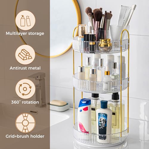 Image of 360 Rotating Makeup Organizer, Upgraded 3 Tier Skincare Perfume Organizers for Women, Bathroom Organizer Countertop, Clear Cosmetic Dresser Organizer with Makeup Brush Holder, Sink&Counte (Clear)