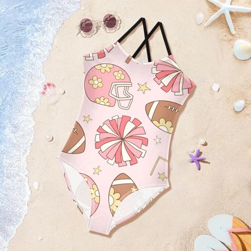 Girls One Piece Swimsuits Pink Football Helmet Pattern Sport Halter Swimwear Beach Bathing Suit4