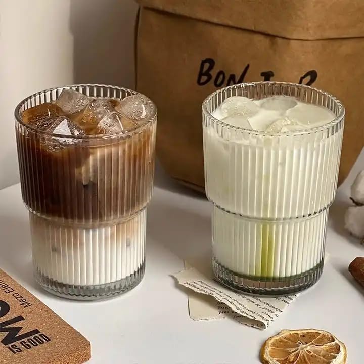 Image of WEZOSHINET Ribbed Heat Resistant Drinking Glasses Cup with Vertical Stripes Pattern for Iced Coffee Cups Whiskey Cocktail Beer Water Glasses for Home Party Bar (2Pcs /190 ML)