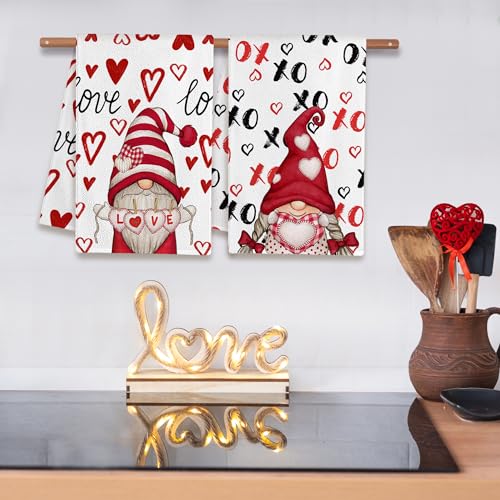 Image of FUTBU Valentines Day Kitchen Towels, Valentines Kitchen Decor Dish Tea Towels 16 inchx23.5 inch Sets of 2, Red Valentine Day Gnomes Decorations for Home Kitchen Towels Housewarming Gifts Bathroom