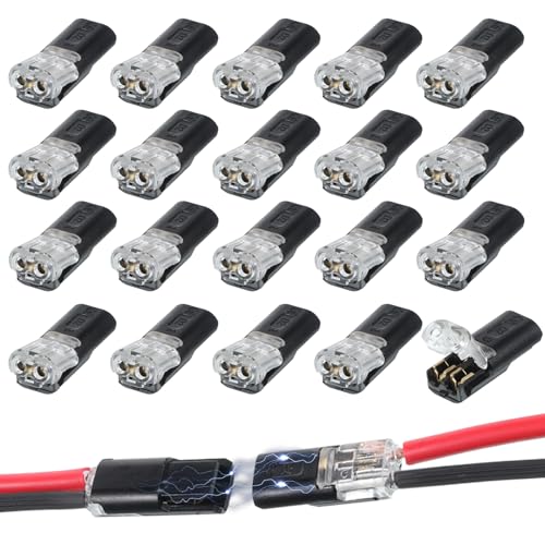 20PCS Double Wire Plug in Connector, Led Light Strip Connectors, 2-Pin Low Voltage Wire Connector, No-Stripping Quick Splice Clips with Locking Buckle 2 Way Compact Wires Terminals for Strip Lights