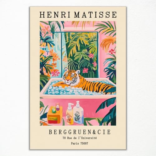 Tableau vintage Henri Matisse, tigre dans un bain, drôle de poster pour salle de bain, doux imprimé animalier de tigre, décor mural tropical botanique aux...