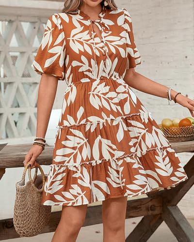 Image of BTFBM Women Summer Floral Short Dresses V Neck Short Sleeve Tiered Ruffle Boho Swing Dress A-Line Mini Dresses