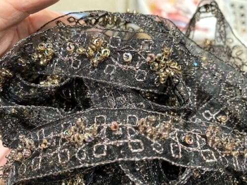 Eggplant Embroidered Hand Beaded 7/8" Metallic Trim Glass Sequins 1yd Eggplant Fabric