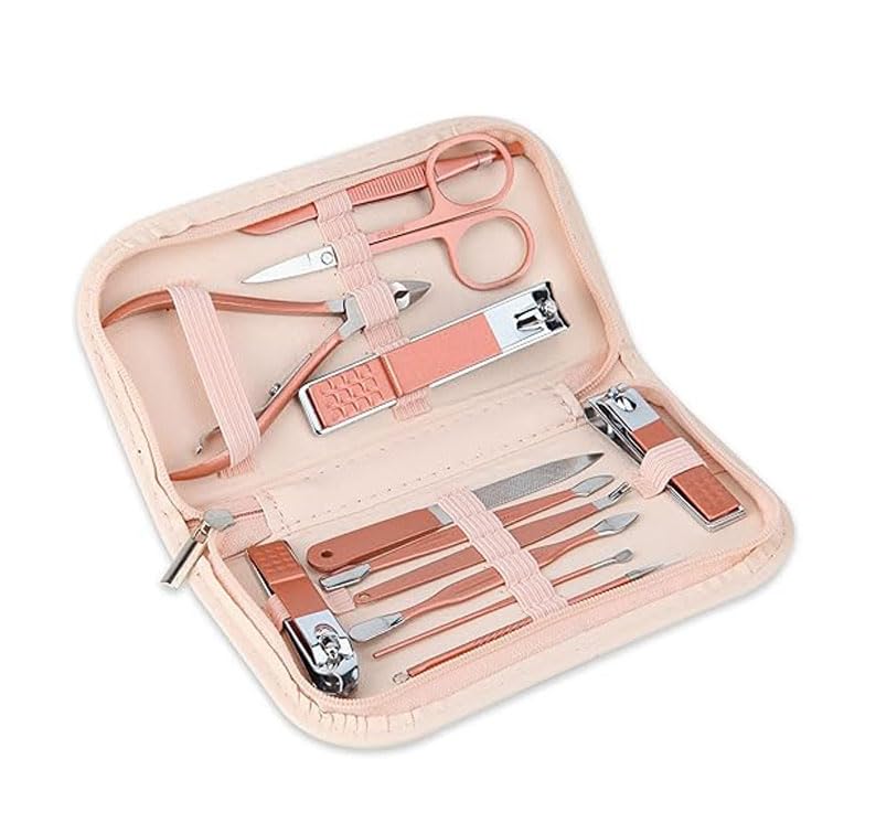 12PCS Stainless Steel Nail Care Kit with Case,Complete Manicure & Pedicure Tool Set for Fingernails and Toenails,Portable Grooming Kit in Soft Pink,Durable & Hygienic Nail Clippers