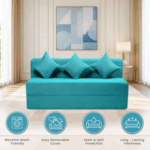 Image of Seventh Heaven Rejioce 4 Seater 6 * 6 Jute Fabric Washable Cover Sofa Cum Bed with 3 Cushions 4 Seater Double Foam Fold Out Sofa Cum Bed (Finish Color - Blue Delivery Condition - Pre-Assembled)