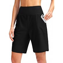 Womens 9" Long Swim Board Shorts with Pockets High Waisted Beach Swimsuits Knee Length Short for Women with Liner