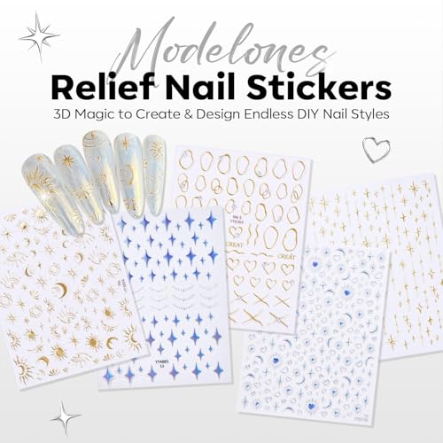 Image of modelones Nail Stickers 3D Self-Adhesive Nail Decals Gold Line Star, Laser Heart & Star Sparkle, Moon Nail Art Holiday Spring DIY Nail Stickers for Women & Kids 5Pcs