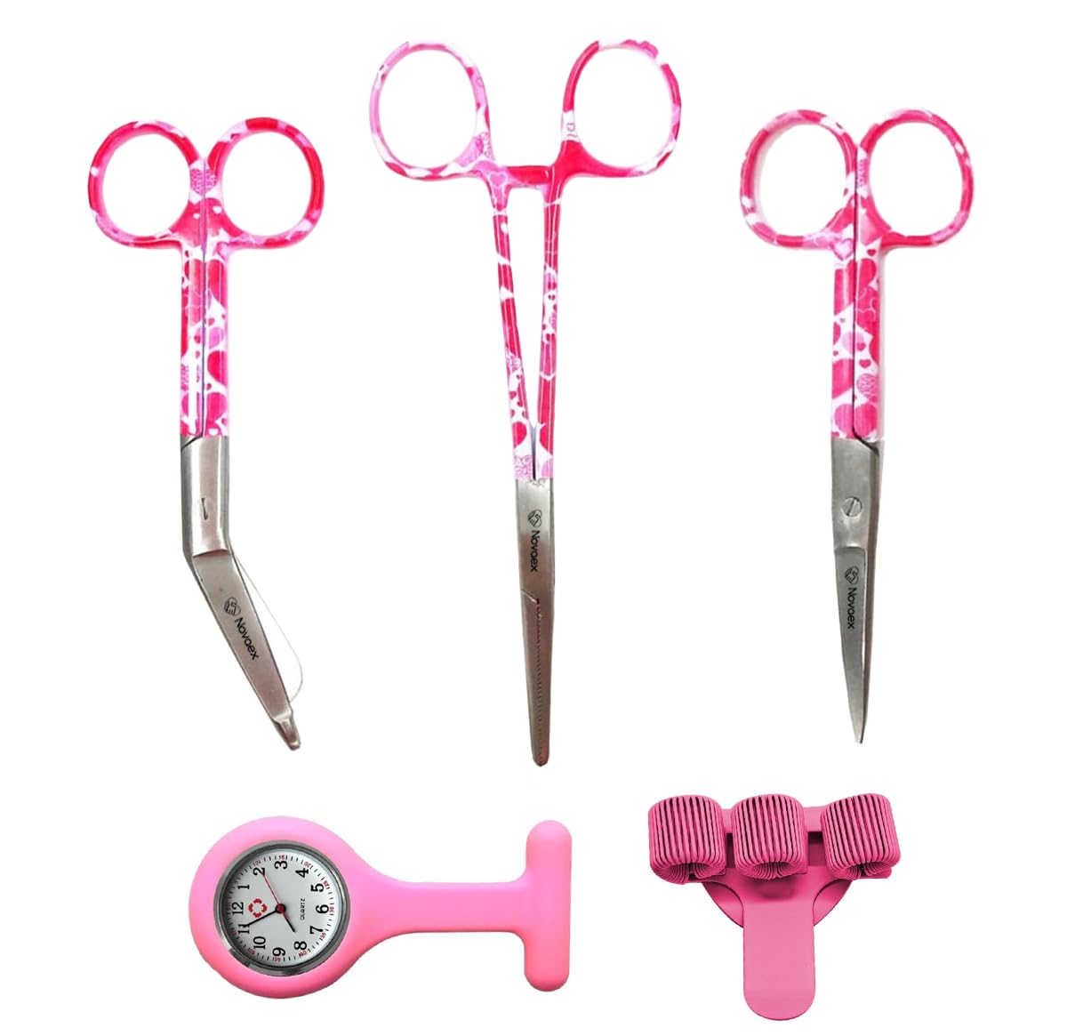 Paquete de inicio de enfermería "Pink Love" - 5 piezas - Certificado MDR - tijeras de vendaje - tijeras de enfermería - kocher - accesorios de enfermería - regalo de enfermera