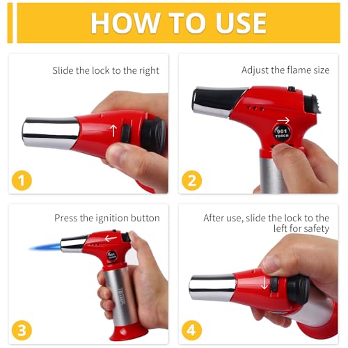 Image of TBTEEK Butane Torch T901, Kitchen Torch Cooking Torch with Safety Lock & Adjustable Flame for Cooking, BBQ, Baking, Brulee, Creme, DIY Soldering(Butane Not Included), Red