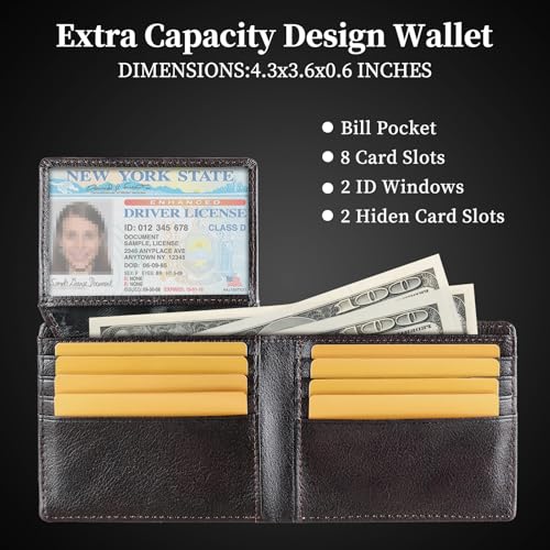 LELEMENT Top Genuine Leather Mens Wallet | RFID Blocking Bifold Wallet For Men with 2 ID Window | Thoughtful Gift for Men with Gift Box | Brown Wallet4