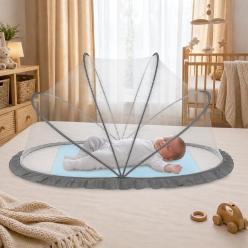 Image of RAMVIK Baby Mosquito Net, Mosquito Net for Baby 0-12 Months, Foldable Portable Mosquito Net for Baby with Breathable Mesh, 360 Protection, Bottomless Design,135 x 65 x 65 cm (Grey)
