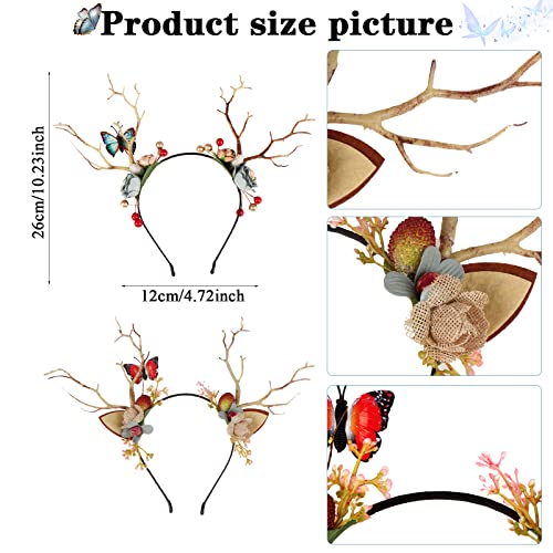 2 Pcs Deer Antler Flower Crown Headbands Tree Branches Butterfly Headband Antlers Headband Cosplay Headdress Hair Accessories For Halloween Chritmas Wedding Party Woodland Fairy Costume #TOP1