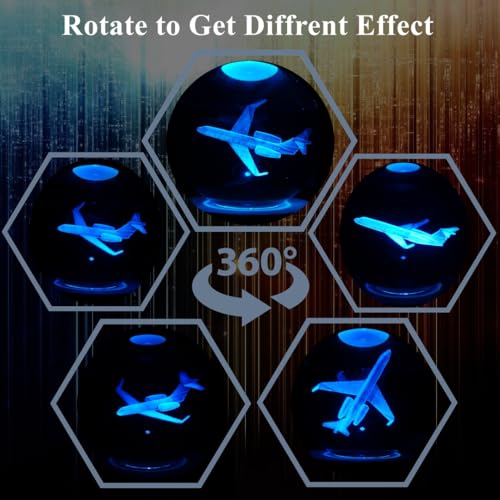 Image of Planes Night Light, Aviation Gifts, 3D Crystal Ball 3.15 Inch (80mm) Airplane Night Light with Remote, Pilot Lamps with 16 Color for Birthday Xmas Cool Figurines Gifts for Room Decor Boys Girls