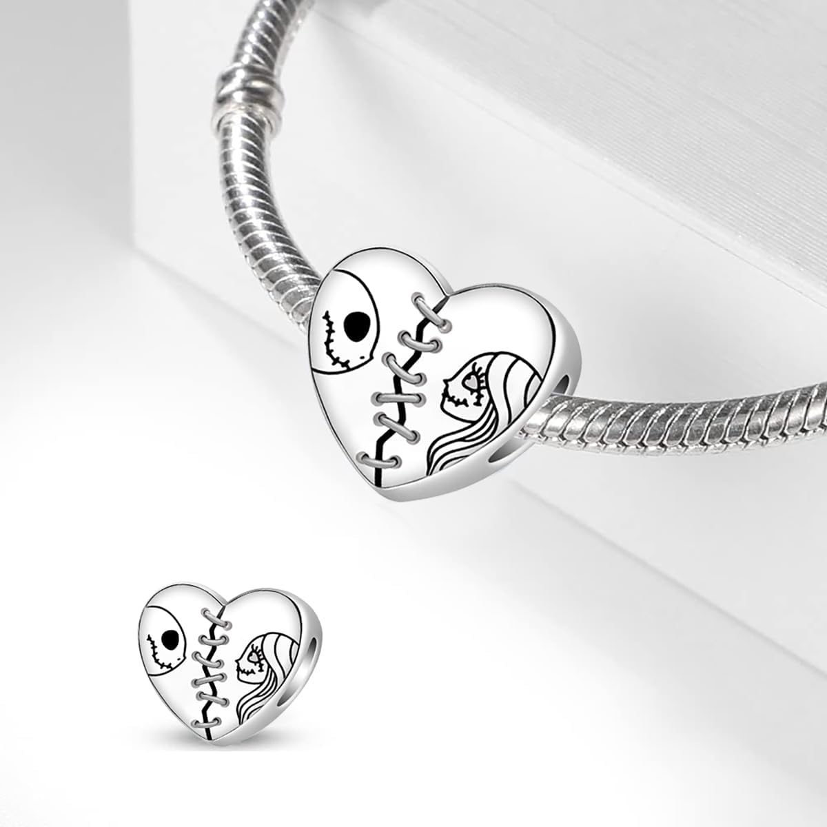 Jack and Sally Charm 925 Sterling Silver Nightmare Charms Halloween Heart Bead Charm Jewelry Gifts for Women