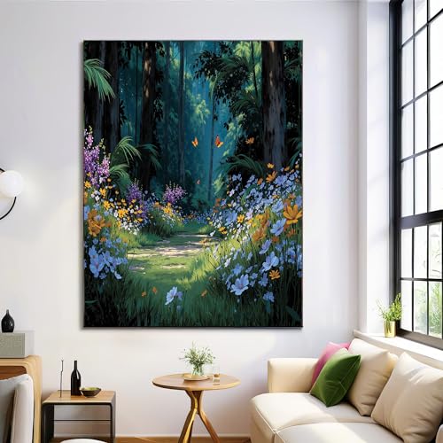 Tableau fleurs sauvages et papillons pour salon déco bleu-vert