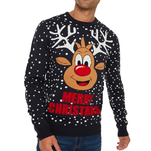 NOROZE Mens Moose Merry Christmas Jumper Xmas Reindeer Elf Football FC Novelty Pullover (UK, Alpha, XXL, Regular, Regular, Merry Deer NVY)