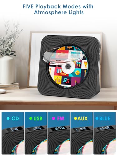 Gueray CD Players Bluetooth CD-Player mit Lautsprecher Unterstützt Fernbedienung Anzeige FM Radio mit CD Player USB- Kartenwiedergabe 3,5 mm AUX Wecker Kopfhöreranschluss Staubschutzhülle Schwarz