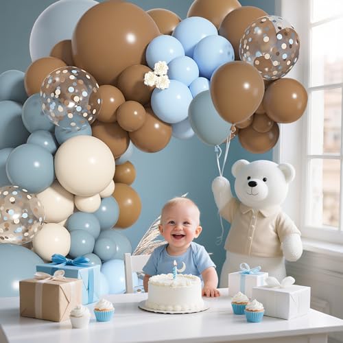 Image of Ouddy Life 142Pcs Dusty Blue and Brown Balloons Arch Kit Different Size | 18 12 10 5 inch Sand White Dusty Blue Brown Confetti Balloons for Boy Baby Shower Ted Bear Gender Reveal Birthday Party Decor