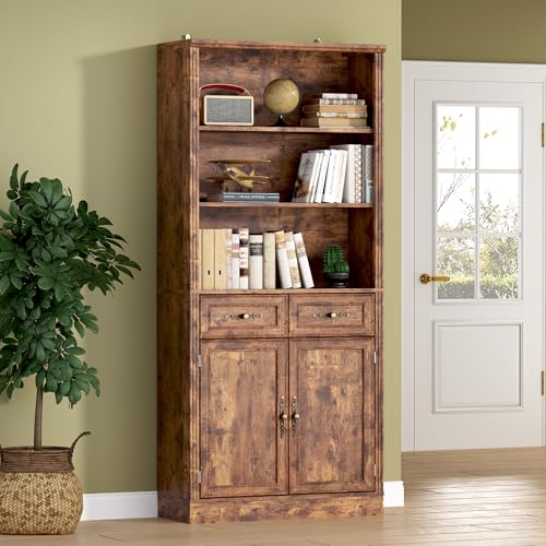 Image of BORNOON 70.1 inch Tall Bookshelf with Drawers & Cabinet, 5-Tier Floor Standing Bookcase with Storage Doors, Adjustable Shelves & Metal Handles, 31.5 inch Wide Organizer for Home Office, Living Room