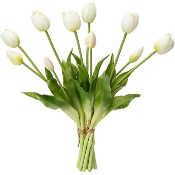 Laelfe Pack of 10 Artificial Latex Tulips with 6 Tulips and 4 Buds (White) | Tulip artificial flowers like real fake tulip bu