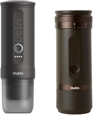 OutIn Nano Portable Electric Espresso Machine with Fino Portable Electric Coffee Grinder, Brown & Grey