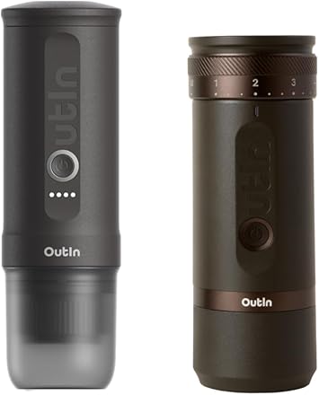 OutIn Nano Portable Electric Espresso Machine with Fino Portable Electric Coffee Grinder, Brown & Grey