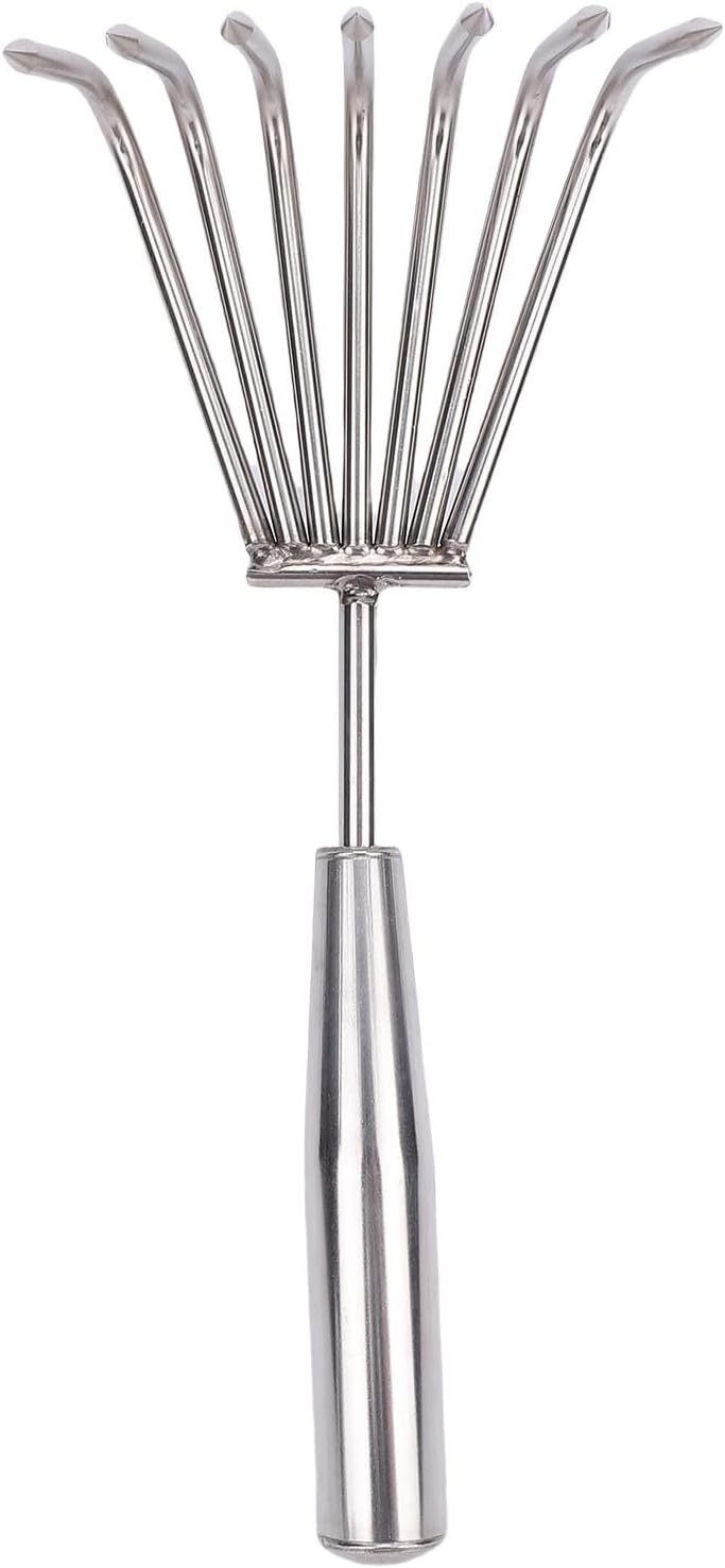 Keenso Hand Rake, Stainless Steel Durable Garden Cultivator, 7 Tines for Weeding and Loosening Soil in Gardens and Beaches