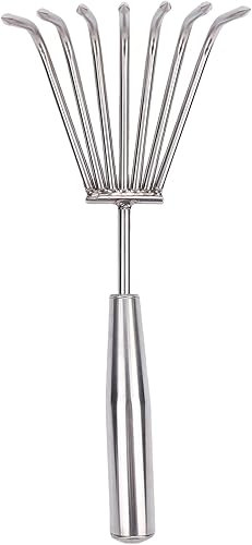 Keenso Hand Rake, Stainless Steel Durable Garden Cultivator, 7 Tines for Weeding and Loosening Soil in Gardens and Beaches