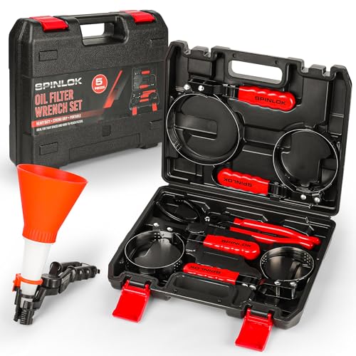 Spinlok 5-Piece Swivel Oil Filter Wrench Set with Stainless Steel Band & Adjustable Oil filter Pliers Cover 2-3/4 to 5-1/4 9 & 12 with Non-Slip Grip Organized in Sturdy Tool Set & Oil Funnel