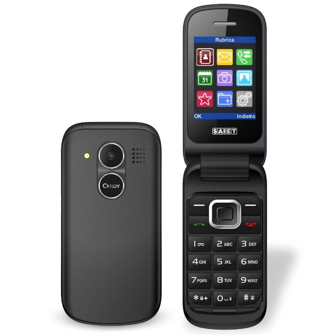 SAIET CANDY Telefono Flip Nero, Dual SIM, Cellulare a Conchiglia Compatto e Facile da Usare con Display 2.4" a Colori, Fotocamera VGA, Bluetooth, Sveglia e Torcia