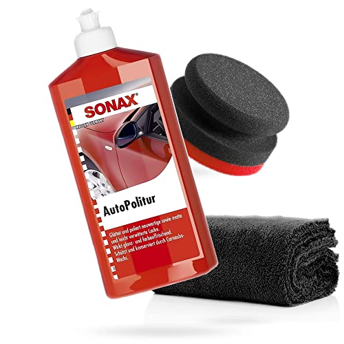 detailmate SONAX Handpolier Set - SONAX Autopolitur für Bunt- und Metalliclacke 500ml + Handpolierschwamm Puck im Verbundaufbau hart Ø90/50mm Edgeless Superflausch Mikrofaser Poliertuch detailmate SONAX Handpolier Set - SONAX Autopolitur für Bunt- und Metalliclacke 500ml + Handpolierschwamm Puck im Verbundaufbau hart Ø90/50mm Edgeless Superflausch Mikrofaser Poliertuch