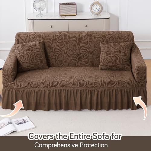 Image of HOKIPO 3 Seater Sofa Cover with Frill - 240 GSM Premium Jacquard Stretchable Fully Covered Slipcover,' Serene Wave Series' Pecan Brown (AR-6354-BR)