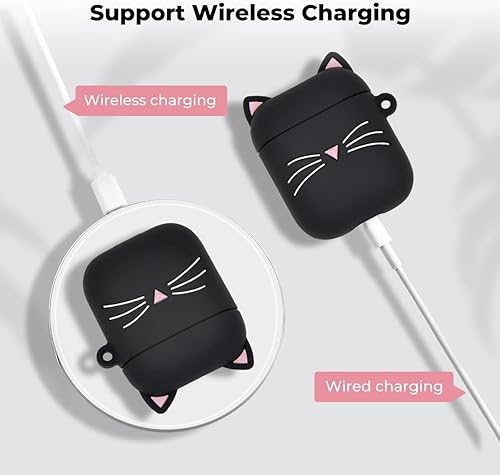 Miniatura 5 de Linda funda para Airpods 2, funda para Airpods 2, diseño de gato y gatito negro con diseño de dibujos animados Kawaii 3D, protección completa, a