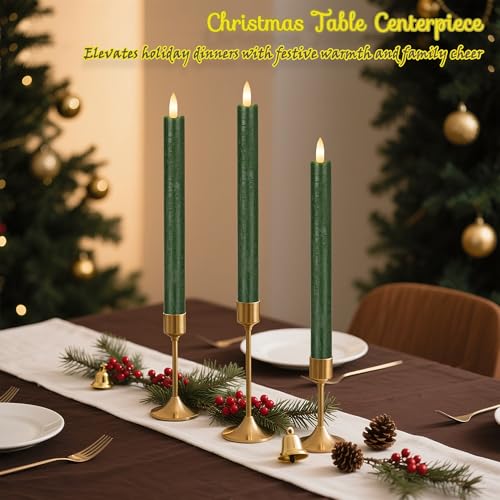 Image of JOIONE Green Flameless Taper Candles with Remote, 3 Pack Christmas Decor | Battery Operated LED, Real Wax, Remote Control, Warm Flickering Glow, Safe Christmas Home & Party Decor