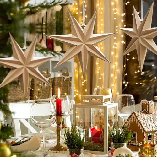 Image of SUNBEAUTY 3 Pcs 7-Pointed Natural Paper Star Lanterns 12 Inch Christmas Hanging Lamp Rustic Paper Decorations Shade Wedding Birthday Christmas Home Party Decorations