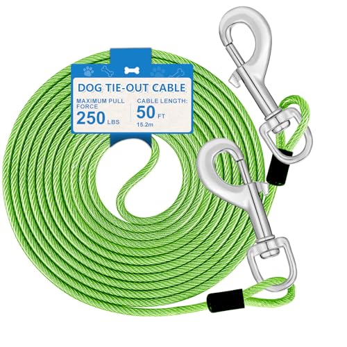 50FT Dog Tie Out Cable, Dog Lead Up to 250 Pounds Dog Leashe